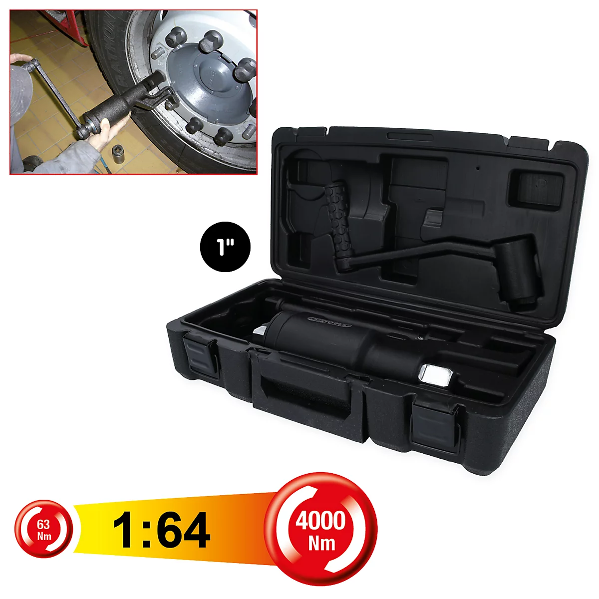 Schwarzer Schlagschrauber im Koffer, im Einsatz am Lkw-Reifen. Beschriftung: 1", 63 Nm, 1:64, 4000 Nm.